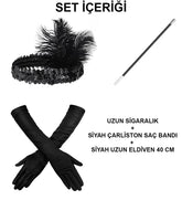 Nessiworld 1920'ler Gatsby Aksesuar Seti – Siyah Charleston Saç Bandı, Uzun Eldiven & Sigaralık